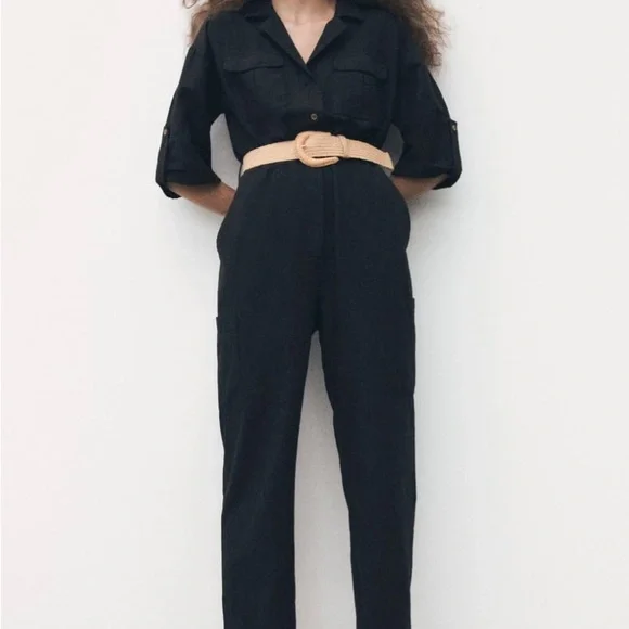 Zara Pants Jumpsuits Zara Belted Linen Pant Jumpsuit Poshmark - Main Image